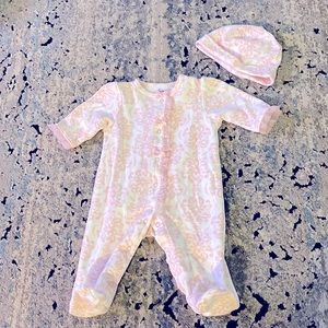 COPY - Little me footie and hat. Size 0/3 months. White and pink